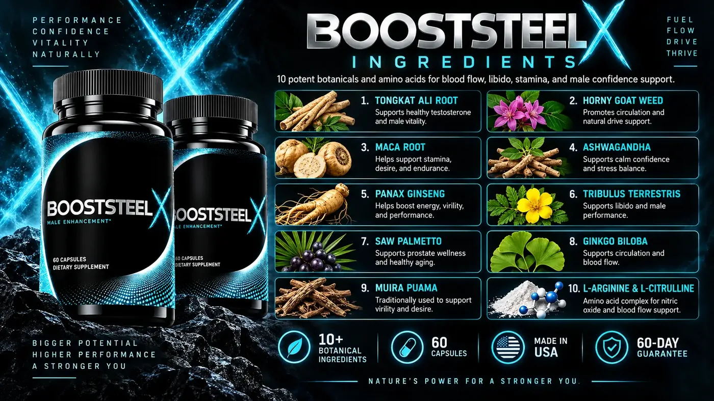 BoostSteelX 10 ingredient formula: Tongkat Ali Root, Horny Goat Weed, Maca Root, Ashwagandha, Panax Ginseng, Tribulus Terrestris, Saw Palmetto, Ginkgo Biloba, Muira Puama, L-Arginine and L-Citrulline